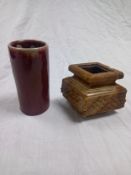 A 19th century Chinese Sang De Boeuf, flambe glazed brush pot, along with a small square soapstone