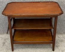 A vintage three tiered walnut tea/service trolley with a drop-down shelf on square tapered supports.