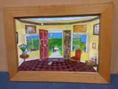 A framed and glazed acrylic painting on paper depicting a colourful interior looking on to a