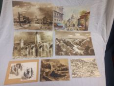 Seven artworks on paper to include a signed and dated ink and wash study of Chelsea Hospital 1946, a