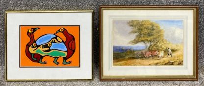 A framed and glazed silk screen print after Norval Morrisseau, along with an unsigned watercolour