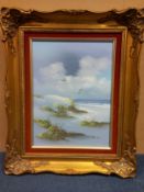 A signed oil on canvas, sand dunes in winter before a seascape with seagulls, in a gilt frame.