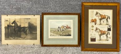 A screenprint of a horse by a stable, a hand coloured hunting engraving and a French lithograph