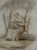 A small 19th century watercolour of a seated lady sewing. Framed and glazed. H.55 W.45cm