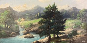 A signed oil on canvas landscape, H.56 W.111cm and a large framed and glazed print; Corridor of