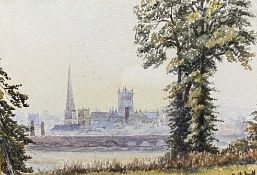 A 19th century miniature watercolour, Worcester Cathedral, signed H Hoff, label with inscription