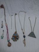 A collection of jewellery to include, a pair of Art Deco earrings, a beaded necklace, a white