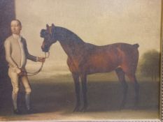 A framed print on board depicting a horse and groom, in a gilt effect frame. 68x57cm