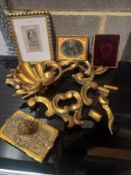 A signed miniature William Hole engraving in a gilt frame, a cased photograph of a Victorian lady in