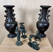 A collection of four Chinese bronze figures and a pair of Japanese bronze vases. H.28cm