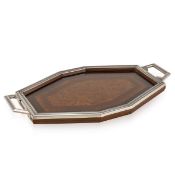 AN EARLY 20TH CENTURY SILVER AND MARQUETRY TRAY, FRENCH c.1930