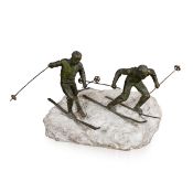 A FRENCH ART DECO BRONZE MODEL OF SKIERS ON WHITE STONE BASE, R DAVID c.1920