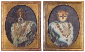 A LARGE PAIR OF PAINTINGS OF AN IMPERIAL CAT AND NAPOLEONIC DOG