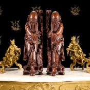 A LARGE PAIR CHINESE CARVED WOOD FIGURES OF SHOU LAO