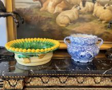 AN ITALIAN MAIOLICA FRUIT BOWL TOGHETHER WITH A BLUE AND WHITE JARDINIERE