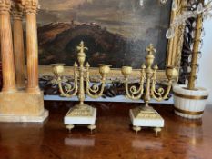 A PAIR OF LATE 19TH CENTURY FRENCH GILT BRONZE AND WHITE MARBLE CANDELABRA