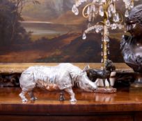 A MAGNIFICENT STERLING SILVER MODEL OF A RHINOCEROS, 4.8 KILOS, BIRMINGHAM, 1995