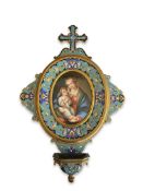 A 19TH CENTURY CHAMPLEVE ENAMEL AND PORCELAIN MOUNTED HOLY WATER STOOP