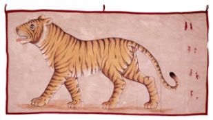 A LARGE 19TH / EARLY 20TH CENTURY INDIAN PAINTING ON CLOTH OF A TIGER