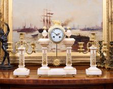 A LATE 19TH CENTURY FRENCH WHITE MARBLE AND GILT BRONZE CLOCK GARNITURE