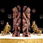 A LARGE PAIR OF CHINESE CARVED WOOD FIGURES OF IMMORTALS