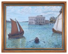 SCANDINAVIAN SCHOOL, 20TH CENTURY: A PAINTING OF A HARBOUR SCENE