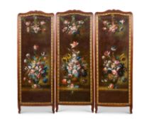 AN 18TH / 19TH CENTURY NORTH EUROPEAN PAINTED LEATHER THREE PANEL SCREEN