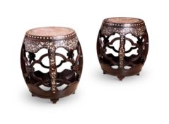 A PAIR OF LATE 19TH CENTURY CHINESE HARDWOOD, MOTHER OF PEARL AND MARBLE GARDEN SEATS