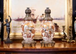 A PAIR OF MEIJI PERIOD JAPANESE SATSUMA POTTERY VASE LAMPS