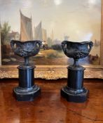 A PAIR OF 19TH CENTURY BRONZE AND MARBLE URNS