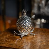 A 19TH CENTURY STERLING SILVER NOVELTY PINEAPPLE SUGAR BOWL AND SIFTER C. 1877