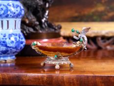 A RARE 19TH CENTURY VIENNESE SILVER, PARCEL GILT, LITHYALIN, HARD STONE AND PEARL MOUNTED BOWL