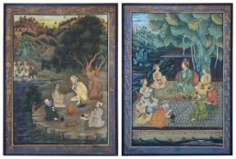 A LARGE PAIR OF LATE 19TH / EARLY 20TH CENTURY INDIAN PAINTINGS ON SILK