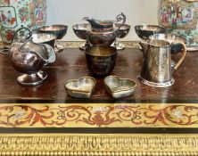 A PAIR OF SVENSKT TENN PEWTER AND BRASS HEART DISHES TOGETHER WITH OTHER SILVER PLATED ITEMS