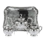 AN EARLY 20TH CENTURY CHINESE SILVER TEA SET ON TRAY, C. 1910