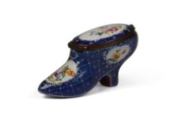 AN 18TH CENTURY BILSTON ENAMEL SHOE BONBONNIERE C.1780 18