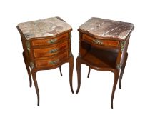A PAIR OF LATE 19TH CENTURY FRENCH WALNUT, KINGWOOD AND MARBLE TOPPED BEDSIDE CABINETS
