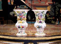 A PAIR OF 19TH CENTURY CARL THIEME FLORAL ENCRUSTED PORCELAIN VASES