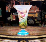 ATTRIBUTED TO BACCARAT: A RARE MID 19TH CENTURY OPALINE GLASS VASE DECORATED WITH EXOTIC BIRDS