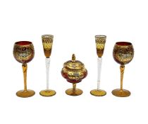 A PAIR OF FLASHED AND GILDED GLASS GOBLETS WITH THREE FURTHER GLASS ITEMS