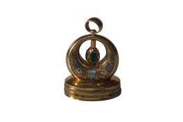 A RARE SWISS GOLD AND ENAMEL, GEM SET MUSICAL SEAL.