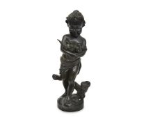 A BRONZE FIGURE OF A GIRL HOLDING A PAIR OF DOVES
