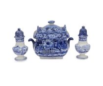 A RARE PAIR OF BLUE AND WHITE TRANSFER WARE CRUETS CIRCA 1820