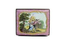 AN 18TH CENTURY BILSTON ENAMEL TABLE BOX 'THE HAYMAKERS' C. 1780