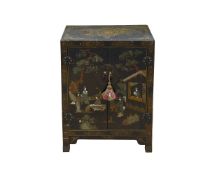 A JAPANESE BLACK LACQUER, GILT DECORATED, SOAP STONE AND MOTHER OF PEARL INLAID CABINET