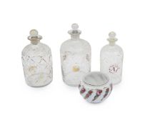 THREE OTTOMAN BEYKOS GLASS DECANTERS AND AN ENAMELLED BOWL