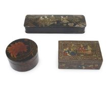 A 19TH CENTURY PERSIAN PAINTED BOX TOGETHER WITH TWO OTHERS