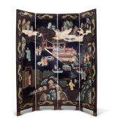 A CHINSE BLACK LACQUERED, CARVED AND PAINTED FOUR PANEL SCREEN