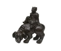 A 19TH CENTURY CHINESE BRONZE MODEL OF AN ELEPHANT RIDDEN BY A BOY