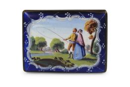 AN 18TH CENTURY ENGLISH ENAMEL BOX 'THE FISHING PARTY' C. 1780